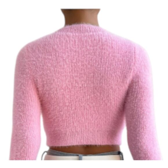 Women's Pink Sweater Heart Pattern Fuzzy Crop Sweater Size Medium - Picture 7 of 8